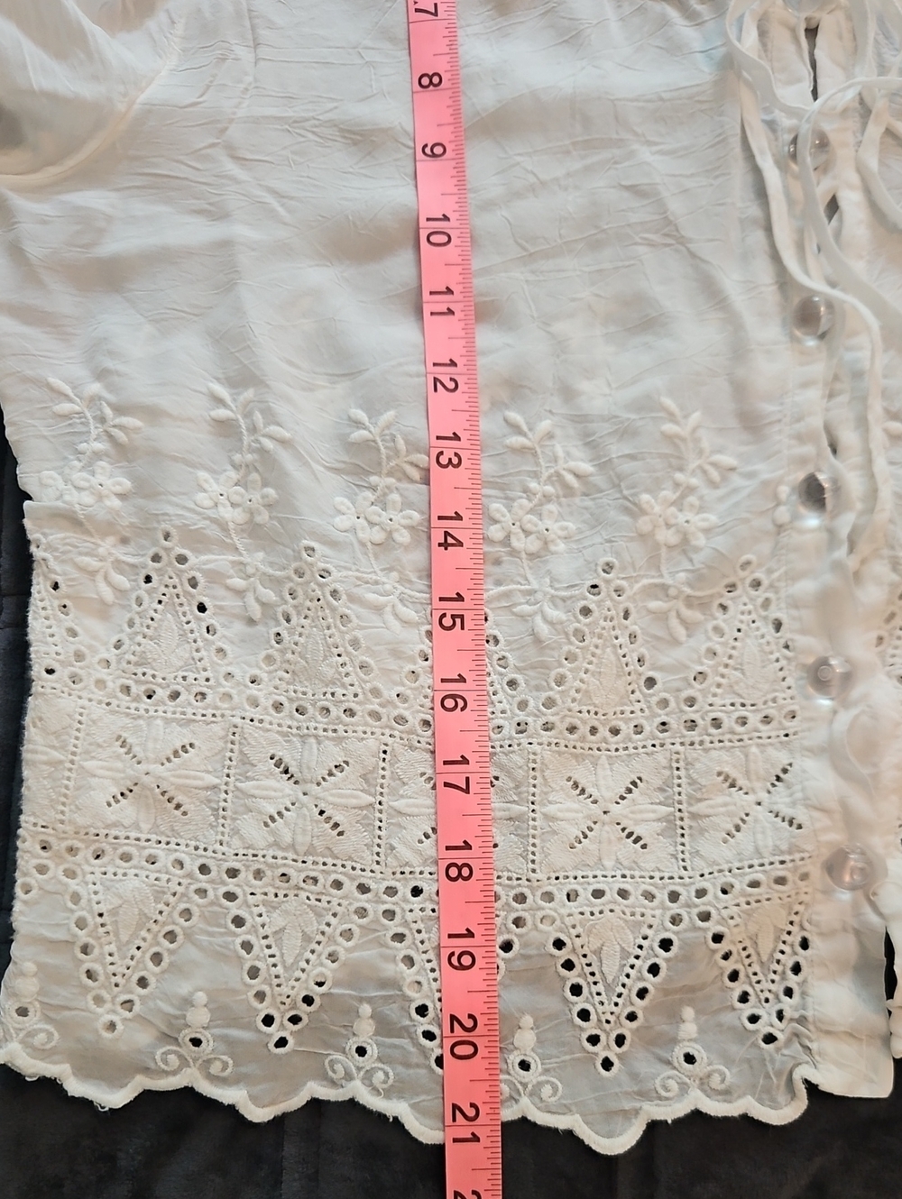 Johnny Was White Eyelet Embroidered Button Front Cropped Blouse, Tie Neck, L - Picture 9 of 11
